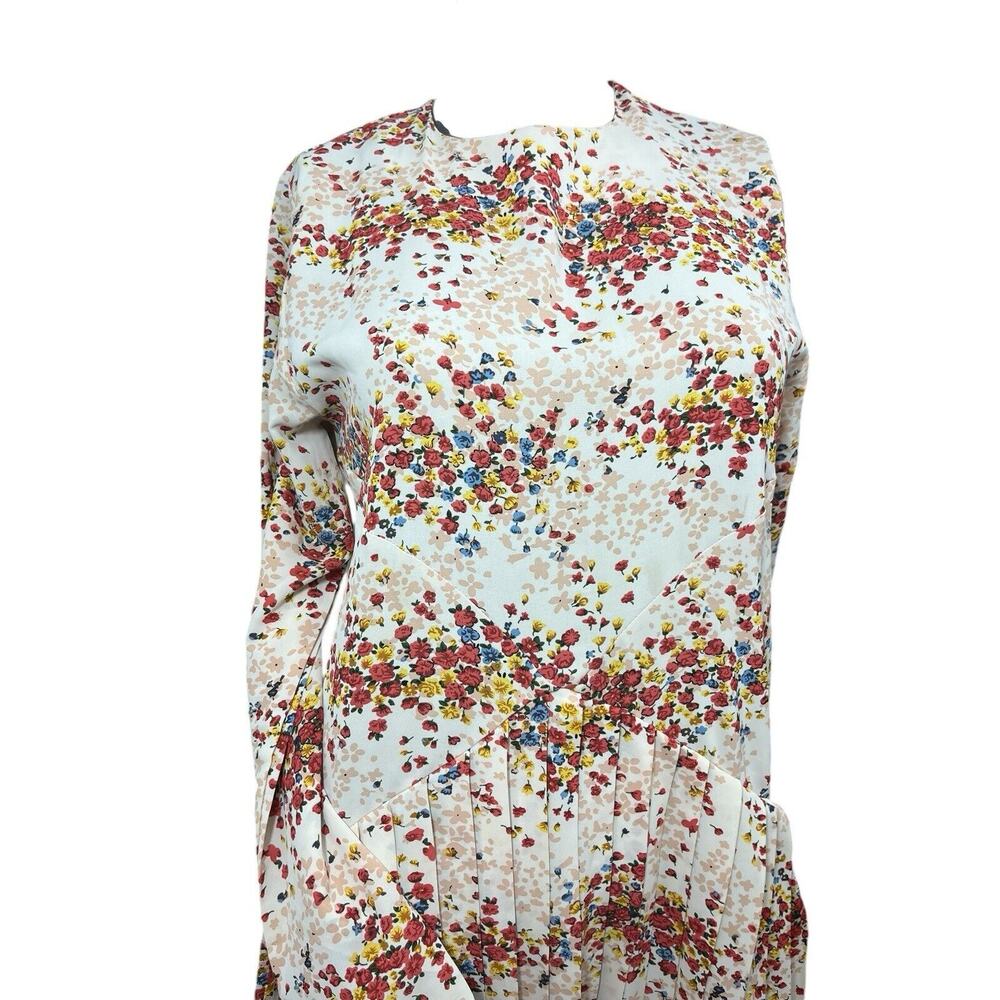 MDRN Balfour Pleated Floral Dress Long Sleeve Drop Waist Tea Length Roses Small - Picture 9 of 10